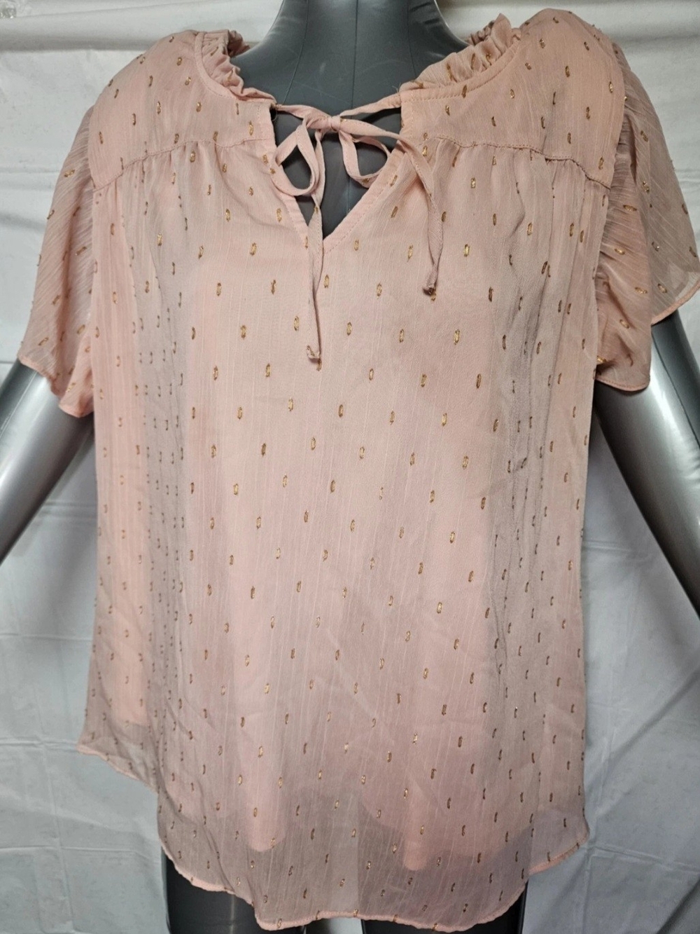 LC Lauren Conrad Peach Short Sleeve Tie-Neck Blouse with Gold Dot Accents